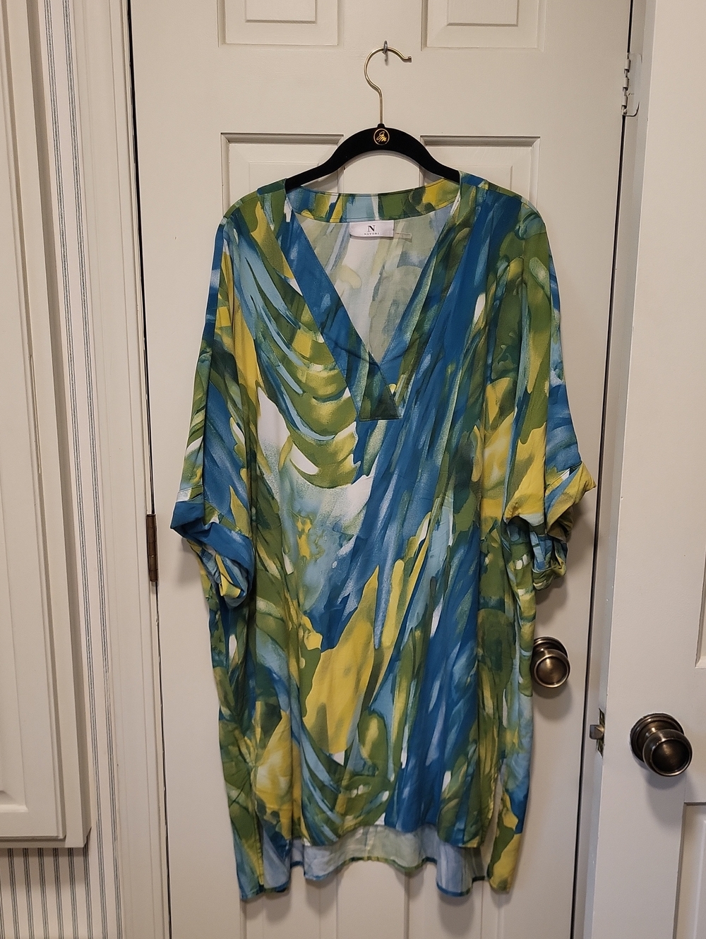 Natori Sheer V-Neck Tunic in Blue, Green & Yellow Abstract Print
